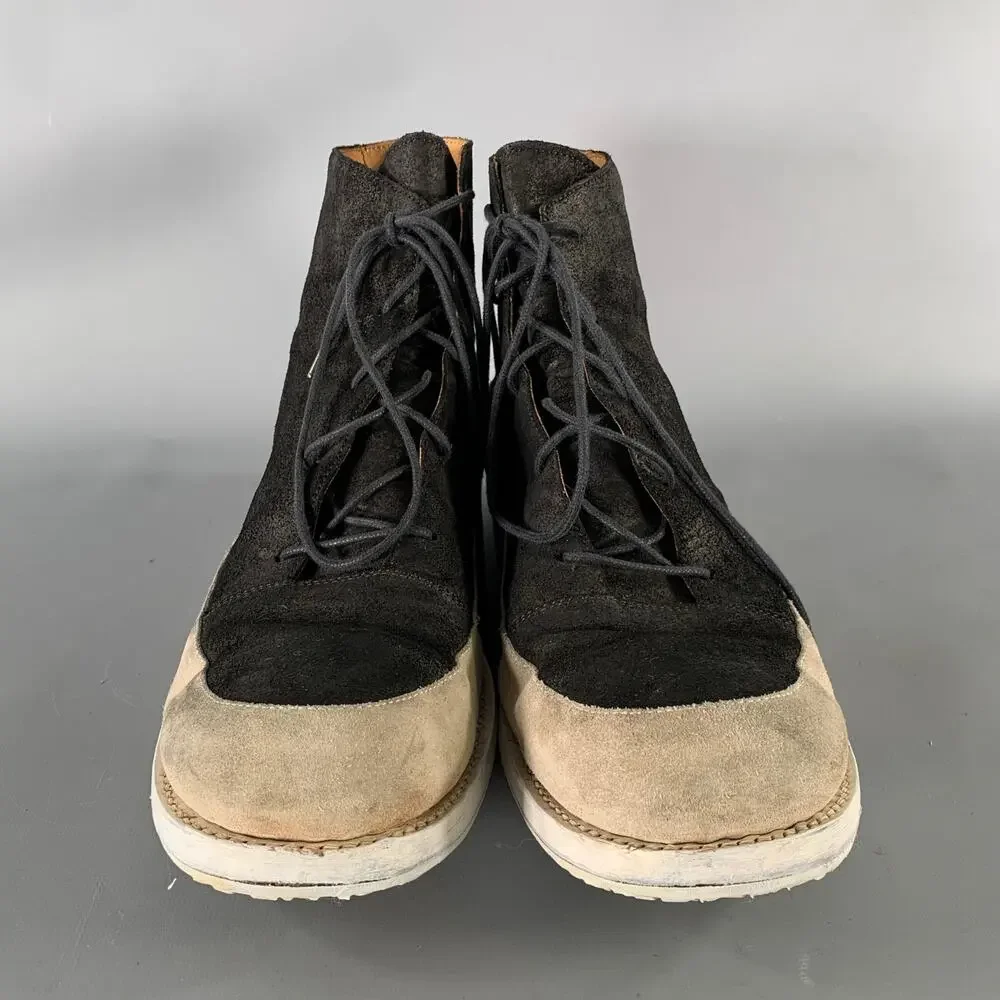 A MCDONALD Size 11 Black Grey Color Block Suede Lace Up Boots